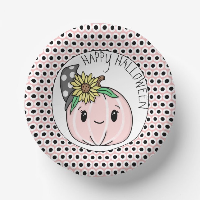 Happy Halloween | Pink Pumpkin and Polka Dots Pappteller (Vorderseite)