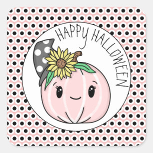 Happy Halloween   Pink Pumpkin and Polka Dots Quadratischer Aufkleber