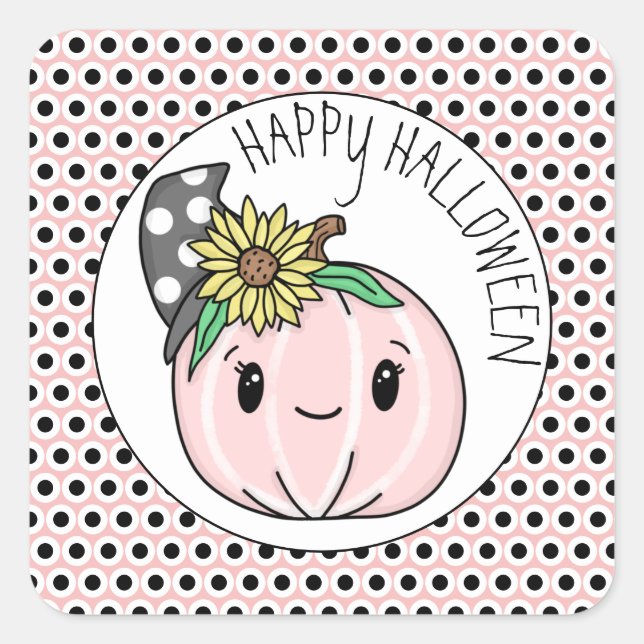 Happy Halloween | Pink Pumpkin and Polka Dots Quadratischer Aufkleber (Vorderseite)