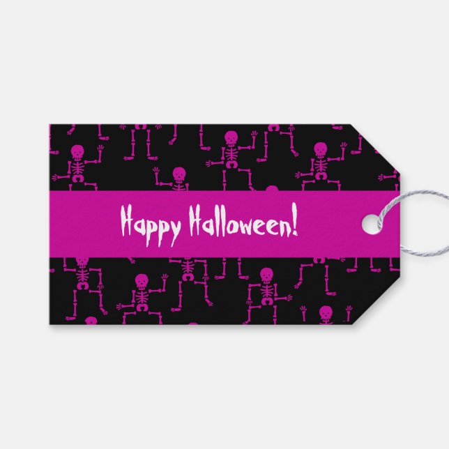 Happy Halloween Pink Tanz Skeleton Muster Geschenkanhänger (Vorderseite (Horizontal))