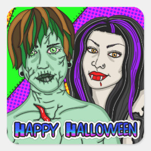 Happy Halloween   Pop Art zombie Vampire Quadratischer Aufkleber