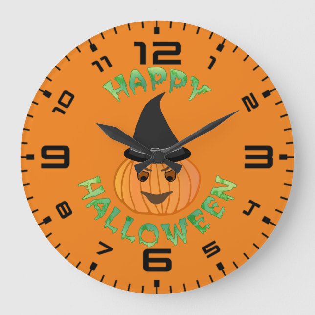 Happy Halloween Pumkin-Hexe Große Wanduhr (Vorderseite)