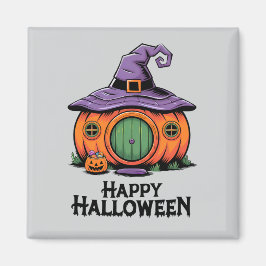 Happy Halloween Pumpkin Cottage & Witch Hat Roof Magnet