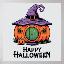 Happy Halloween Pumpkin Cottage & Witch Hat Roof  Poster