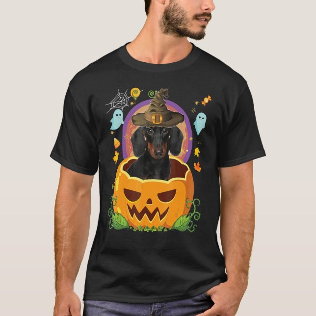 Happy Halloween Pumpkin Dackel Hund Hexe Niedlich  T-Shirt (Vorderseite)