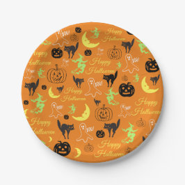 Happy Halloween Pumpkin Ghost Hexe Moon Orange Pappteller