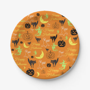 Happy Halloween Pumpkin Ghost Hexe Moon Orange Pappteller