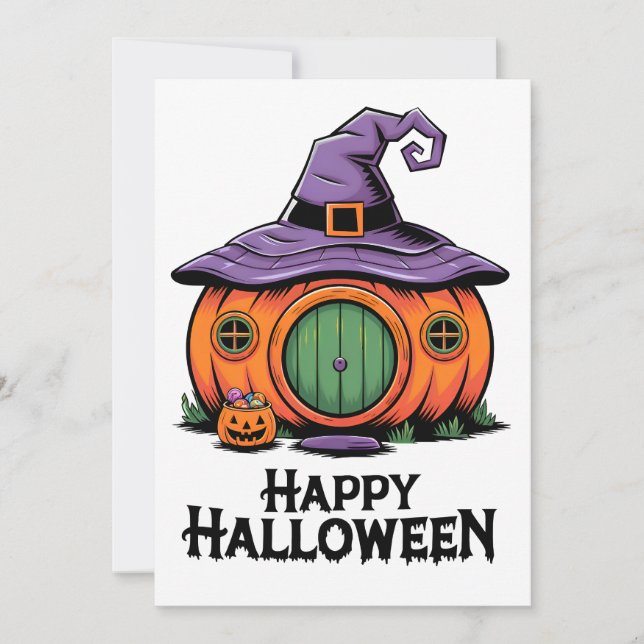 Happy Halloween Pumpkin Hütte & Hexenhut Roof Einladung (Vorderseite)