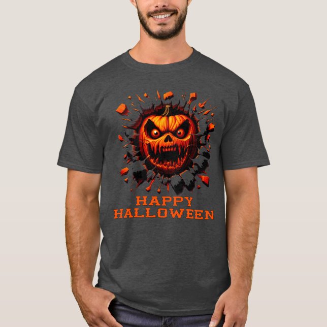 Happy Halloween Pumpkin Smashing Through T-Shirt (Vorderseite)