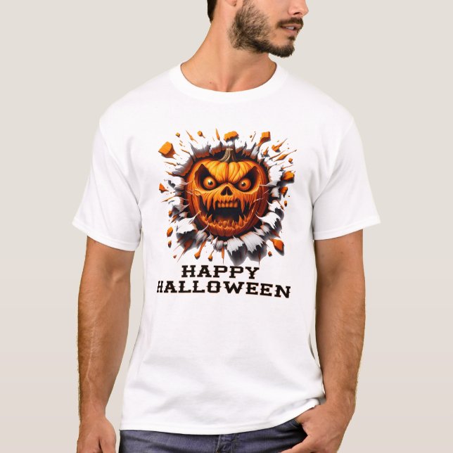Happy Halloween Pumpkin Smashing Through T-Shirt (Vorderseite)