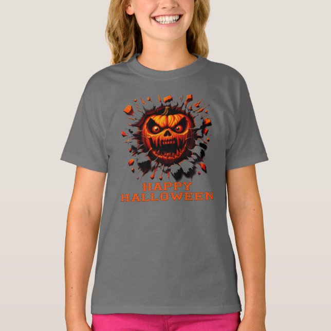 Happy Halloween Pumpkin Smashing Through T-Shirt (Vorderseite)