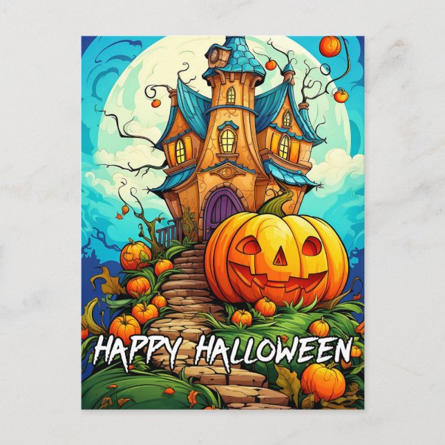 Happy Halloween | Pumpkin & Spuk House Postkarte (Vorderseite)