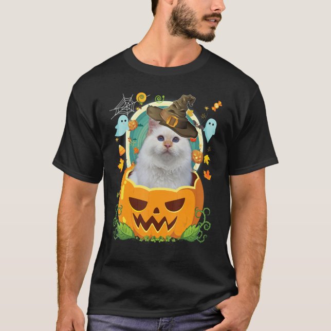 Happy Halloween Pumpkin Türkisch Angora Katze Hexe T-Shirt (Vorderseite)
