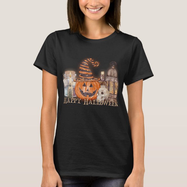 Happy Halloween Pumpkin Watercolor T-Shirt (Vorderseite)