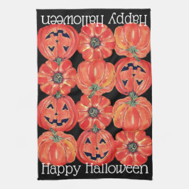 Happy Halloween Pumpkins Orange Black Watercolor Geschirrtuch