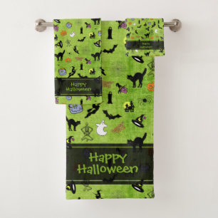 Happy Halloween Random Iconic Muster Green BG Badhandtuch Set