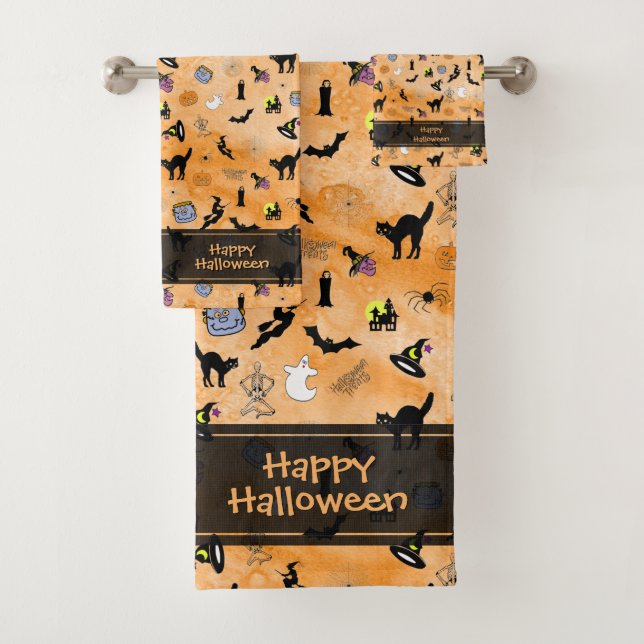 Happy Halloween Random Iconic Muster Orange Badhandtuch Set (Insitu)