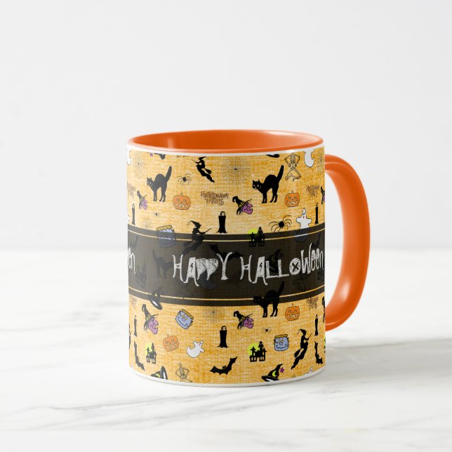 "Happy Halloween" Random Iconic Muster Orange Tasse (VorderseiteRechts)