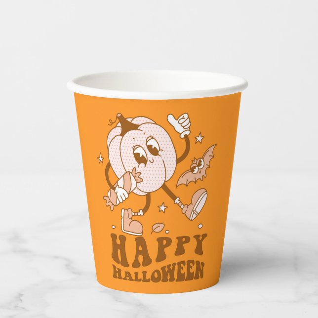 Happy Halloween| Retro Polka Dot Pumpkin Pappbecher (Vorderseite)