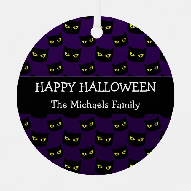 Happy Halloween schwarz Katzengelbe Augen Familien Ornament Aus Metall (Vorderseite)