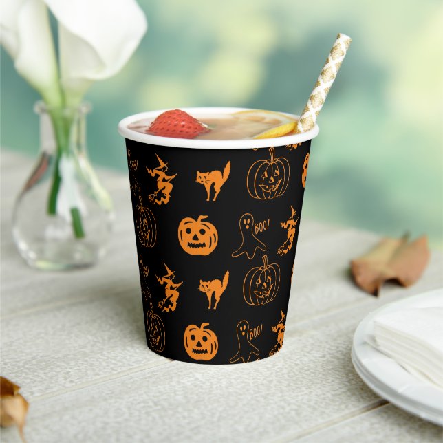Happy Halloween Schwarz-Orange-Muster Pappbecher (In Situ)
