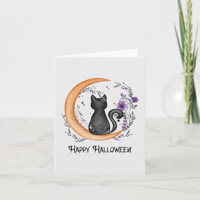 Happy Halloween - Schwarze Katze auf dem Halbmond (Vorderseite)