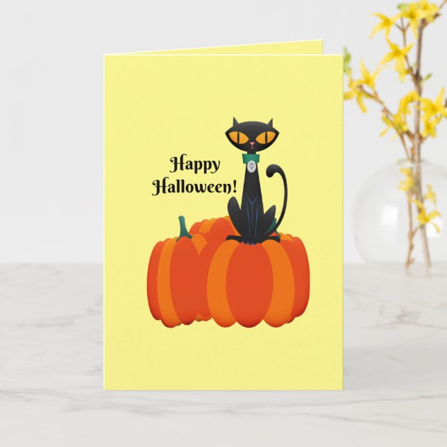 Happy Halloween, schwarze Katze/Kürbis, Karte (Gelbe Blume)