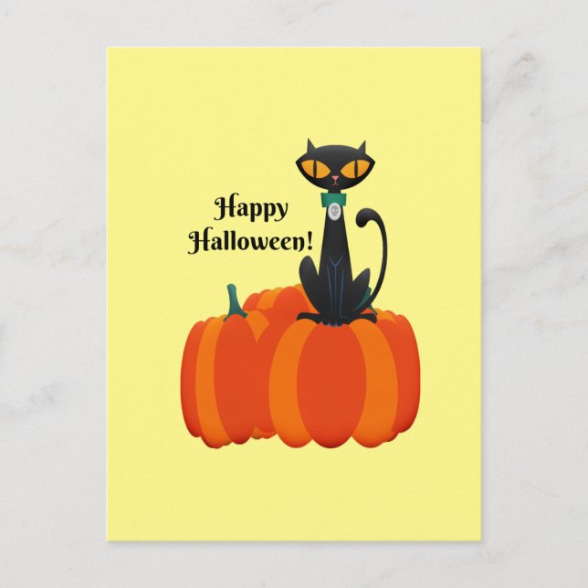 Happy Halloween, schwarze Katze/Kürbis, Postkarte (Vorderseite)