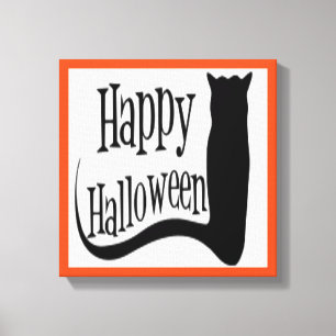 "HAPPY HALLOWEEN" SCHWARZE KATZE LEINWANDDRUCK