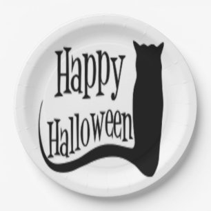 "HAPPY HALLOWEEN" SCHWARZE KATZE PAPPTELLER