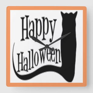 "HAPPY HALLOWEEN" SCHWARZE KATZE QUADRATISCHE WANDUHR
