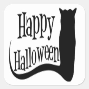 "HAPPY HALLOWEEN" SCHWARZE KATZE QUADRATISCHER AUFKLEBER