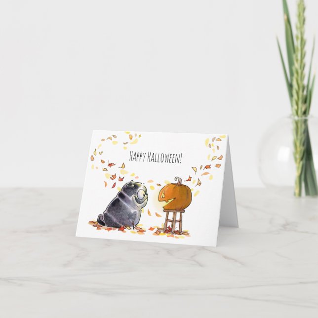 Happy Halloween Schwarzer Mops Jack-o-Laterne-Kart Karte (Vorderseite)