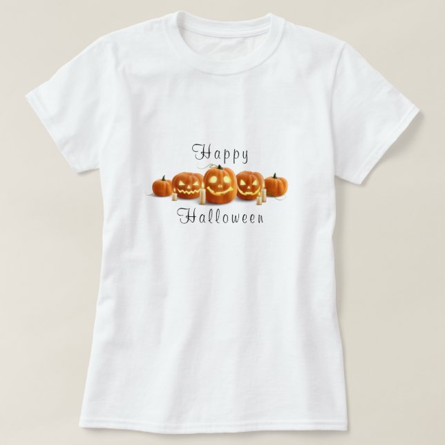 "Happy Halloween" Script Carved Pumpkins Candles T-Shirt (Design vorne)