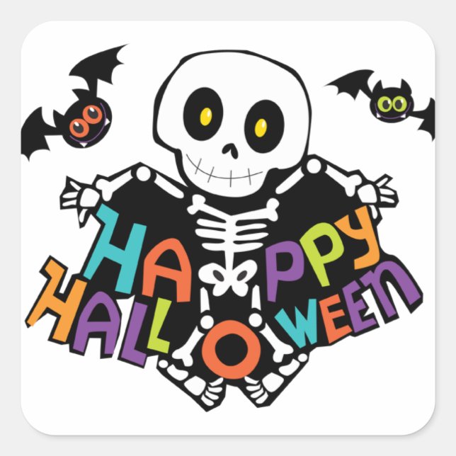 Happy Halloween (Skeleton and Bats) Quadratischer Aufkleber (Vorderseite)