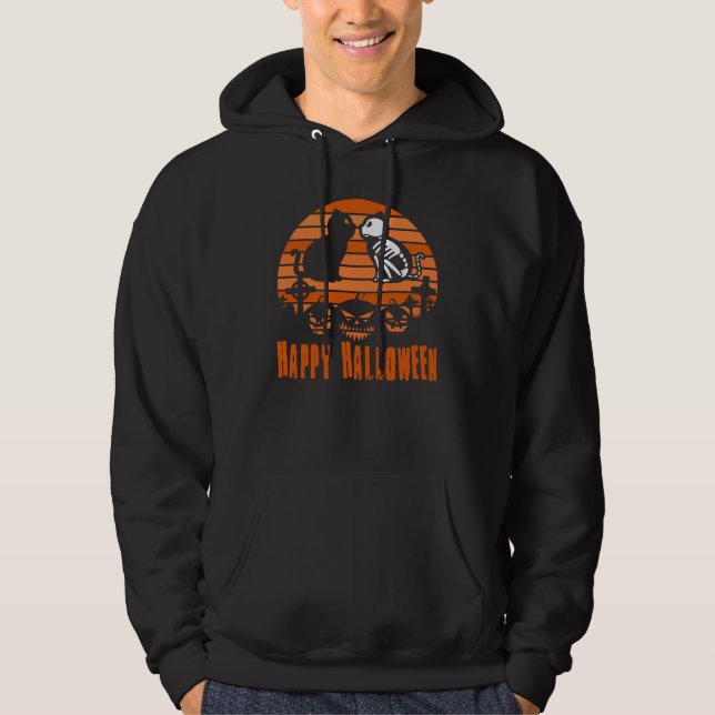 Happy Halloween Skeleton Cat Retro Sunset Hoodie (Vorderseite)