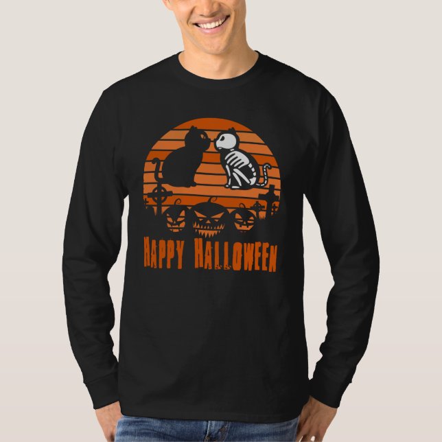 Happy Halloween Skeleton Cat Retro Sunset T-Shirt (Vorderseite)