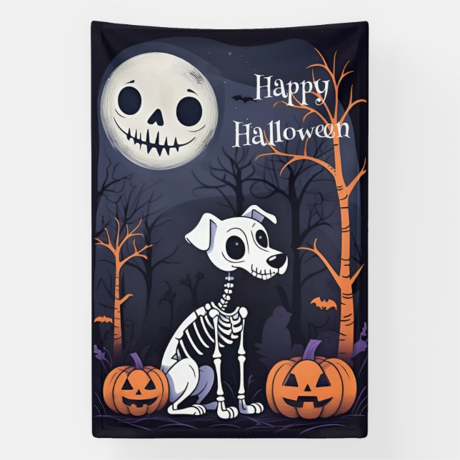 Happy Halloween Skeleton Hund, Pumpkins und Mond Banner (Vertikal)