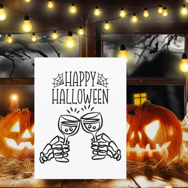 Happy Halloween Skeleton Wine Toast Modernes Desig Postkarte (Von Creator hochgeladen)