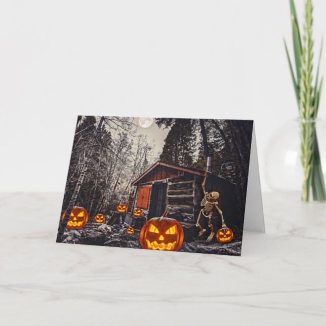 Happy Halloween Skelett und Kürbis Feiertagskarte (Vorderseite)