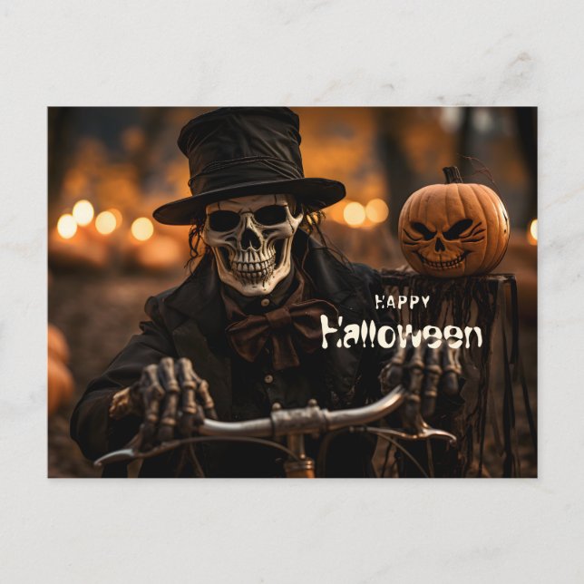 Happy Halloween Skelett und Kürbis Postkarte (Vorderseite)