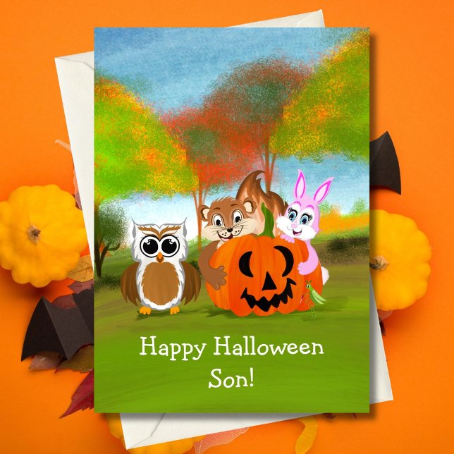 Happy Halloween Son Chipmunk, Rabbit & Owl Karte (Von Creator hochgeladen)