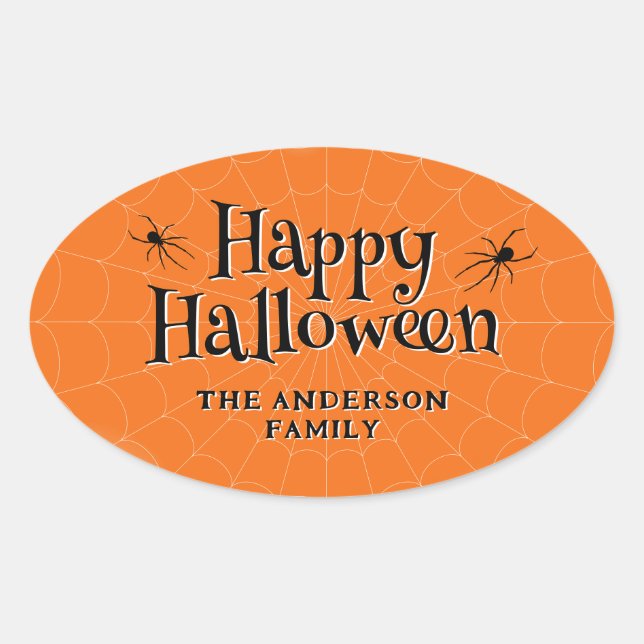 Happy Halloween Spider Cobweb Orange Ovaler Aufkleber (Vorderseite)