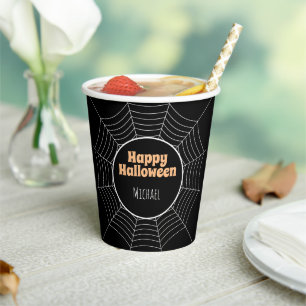 Happy Halloween Spider Web Schwarz und Weiß Name Pappbecher