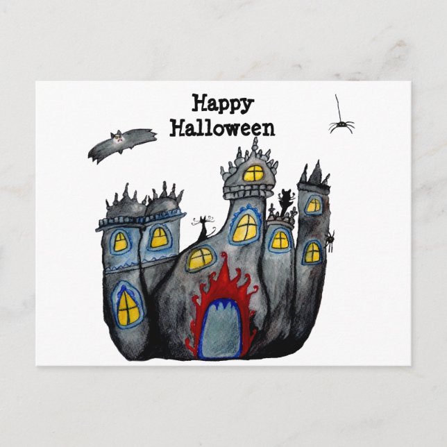 Happy Halloween Spooky Catsle Postcard Postkarte (Vorderseite)