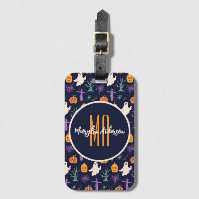 HAPPY HALLOWEEN SPOOKY CUSTOMIZABLE MONOGRAM GEPÄCKANHÄNGER (Vorderseite Vertikal)
