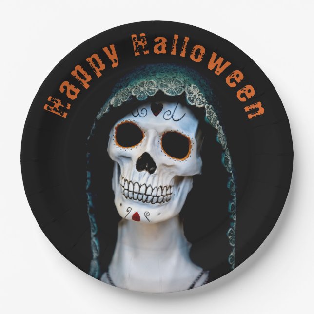 Happy Halloween Spooky Skull Lady Pappteller (Vorderseite)