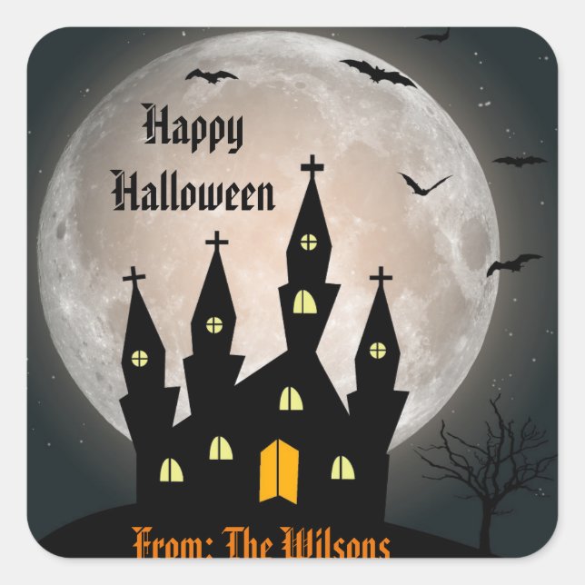 Happy Halloween Spooky Spuk House Moon Bats Quadratischer Aufkleber (Vorderseite)