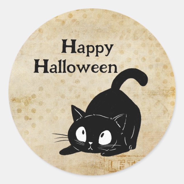 Happy Halloween Spooky Vintage Black Cat Runder Aufkleber (Vorderseite)