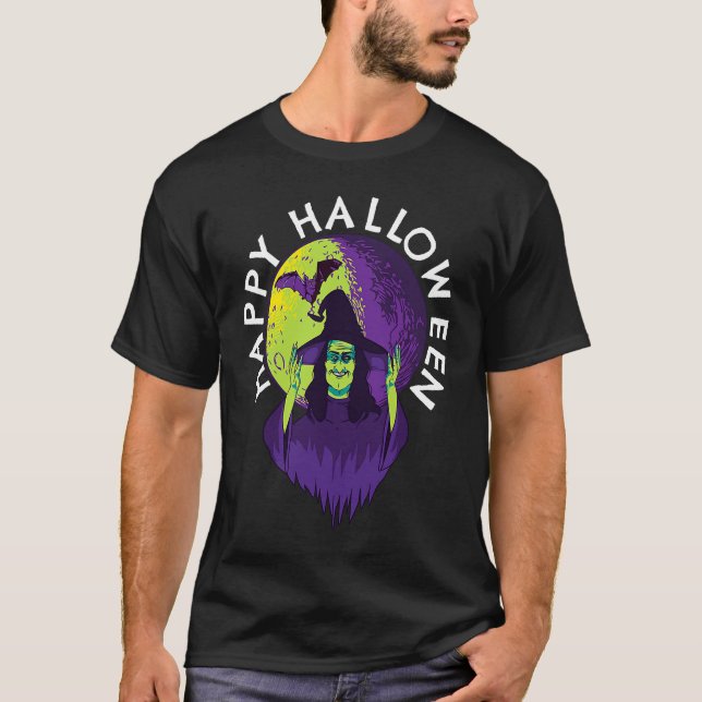 Happy Halloween Spooky Witch and Vampire Bat in Fu T-Shirt (Vorderseite)